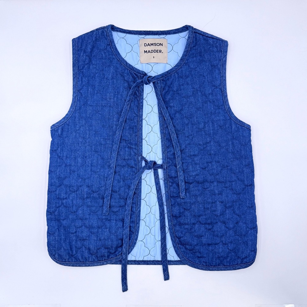 Damson Madder Tilly Quilted Denim Gilet Vest Blue Tie Front Size 8